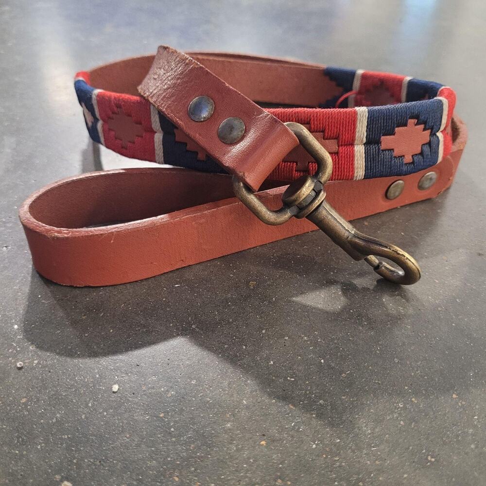 Macondo Pets Dog Leash Brown Leather Red Blue Geometric Handmade Woven Colombia